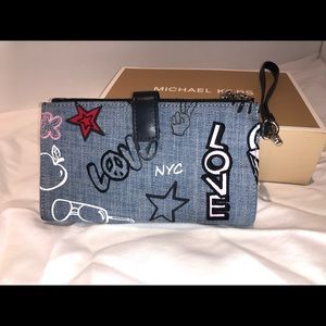 NWT Michael Kors Eva Embroidered Denim Wristlet